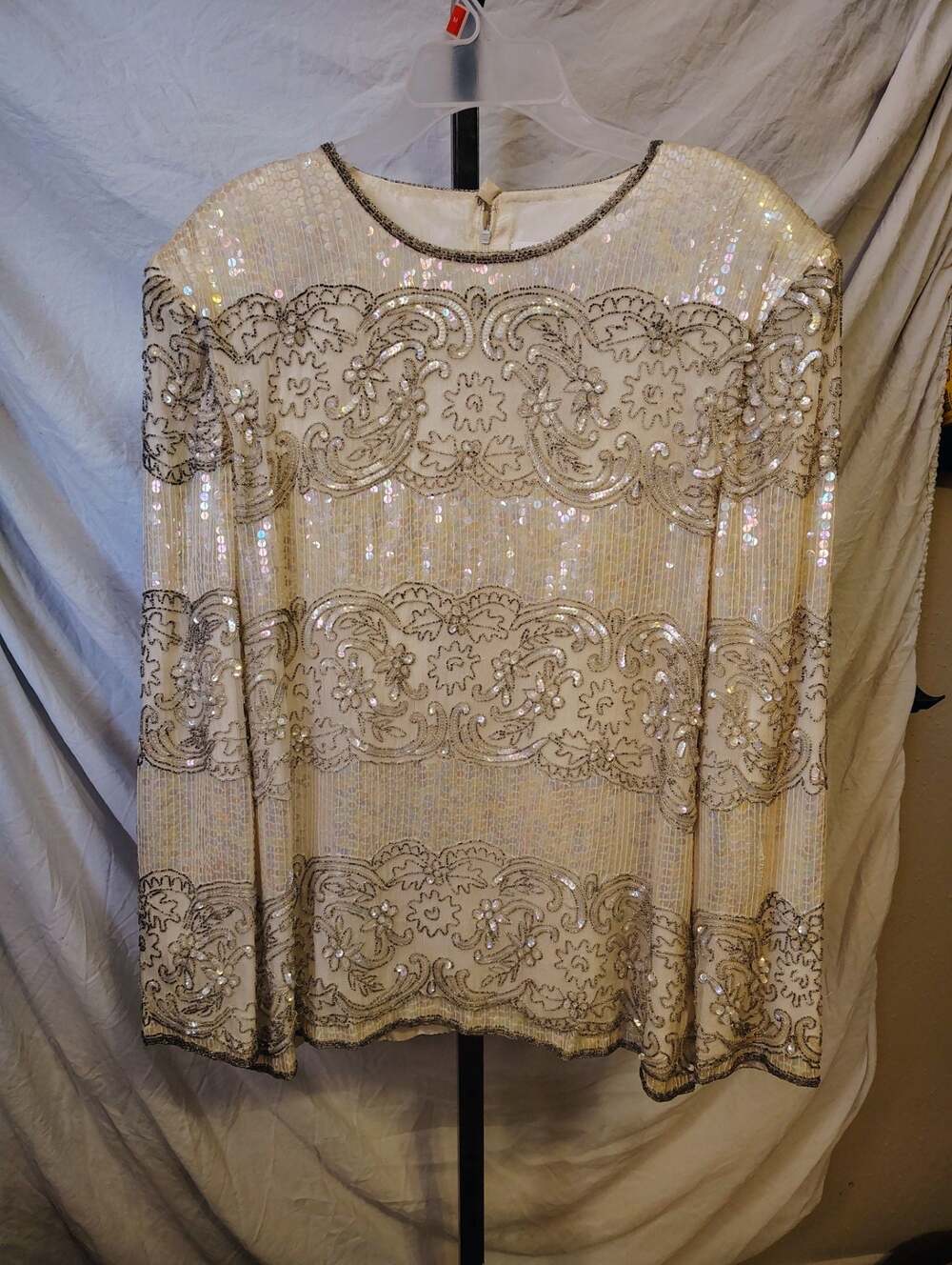 Joan Leslie Vintage Beaded and Sequined Silk Long Sleeve Top Size XL